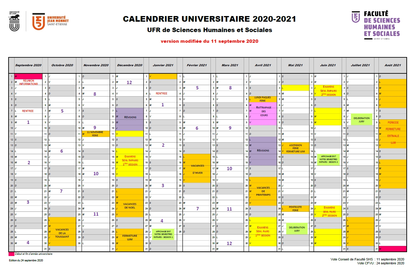 Calendrier SHS 2020-2021 - Université Jean Monnet